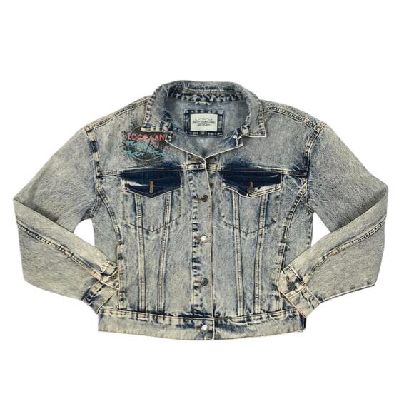 ASHLEY VINTAGE CHARM Trucker Painted Denim Jacket Sz M Acid Wash Cowgirl Biker - Picture 3 of 13